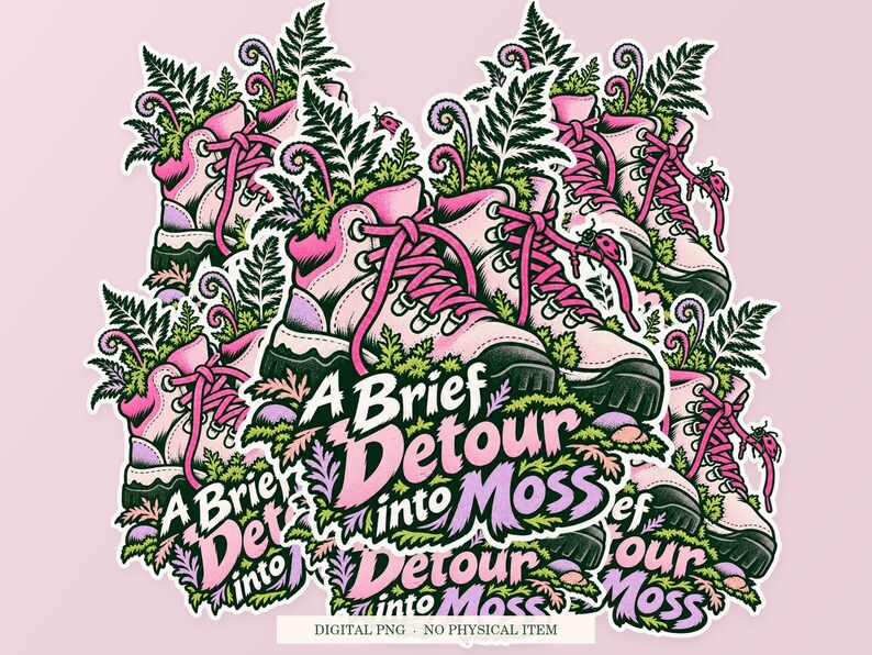 A Brief Detour into Moss shown in a playful sticker cluster on powder pink. Digital mockup, no physical stickers included.