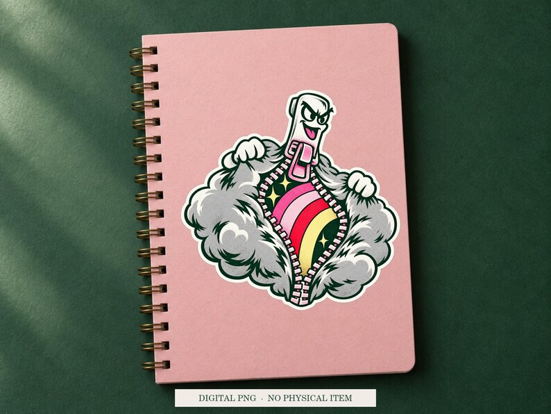 Rainbow Zipper displayed on a notebook. Digital mockup showing a creative use for the PNG.