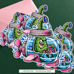 Pickle Jar Submarine displayed on an envelope with a green background. Digital mockup, no physical item included.