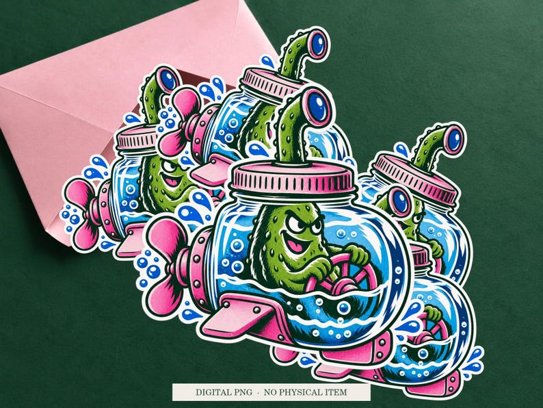 Pickle Jar Submarine displayed on an envelope with a green background. Digital mockup, no physical item included.