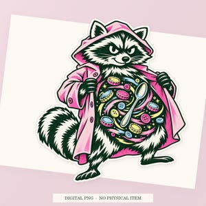 Raccoon Pocket Universe close view showing the pink and green artwork and white outline.