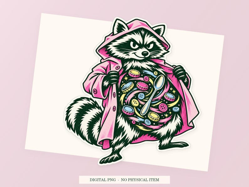 Raccoon Pocket Universe close view showing the pink and green artwork and white outline.