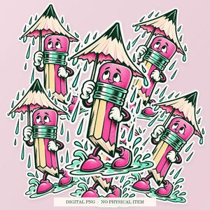 Pencil Umbrella Stand shown in a playful sticker cluster on powder pink. Digital mockup, no physical stickers included.