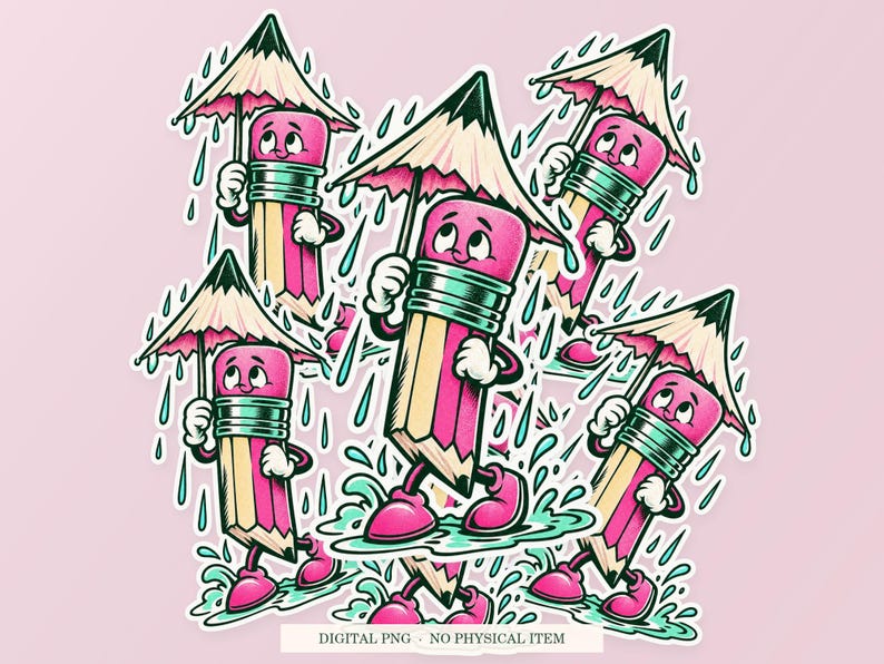 Pencil Umbrella Stand shown in a playful sticker cluster on powder pink. Digital mockup, no physical stickers included.