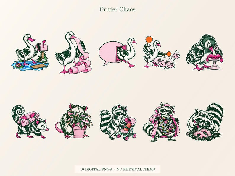 Critter Chaos overview showing all ten included transparent PNG designs.
