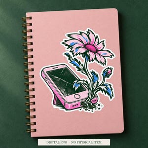 Phone Compost displayed on a notebook. Digital mockup showing a creative use for the PNG.