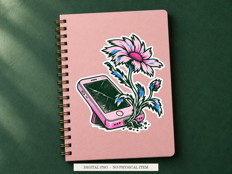 Phone Compost displayed on a notebook. Digital mockup showing a creative use for the PNG.