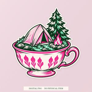 Tent Inside a Teacup pink and green illustration on a cream digital download cover. One transparent PNG with white outline; no physical item.