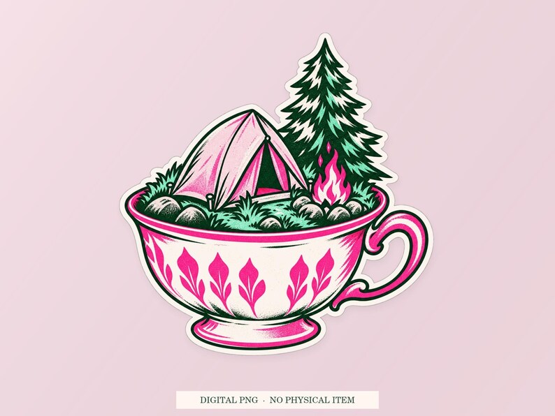 Tent Inside a Teacup pink and green illustration on a cream digital download cover. One transparent PNG with white outline; no physical item.