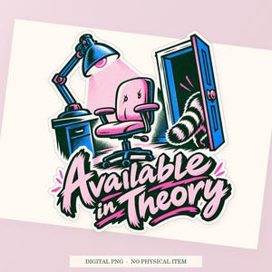 Available in Theory close view showing the pink and green artwork and white outline.