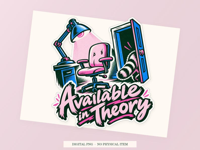 Available in Theory close view showing the pink and green artwork and white outline.
