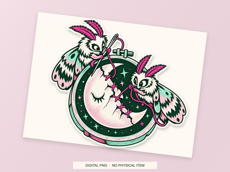 Lucky Somewhere Embroidery Moon Repair digital PNG artwork shown in a styled preview. One design. Digital download only, no physical item.