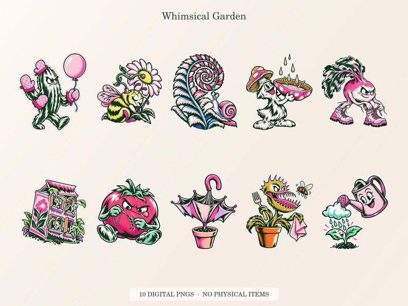 Whimsical Garden overview showing all ten included transparent PNG designs.
