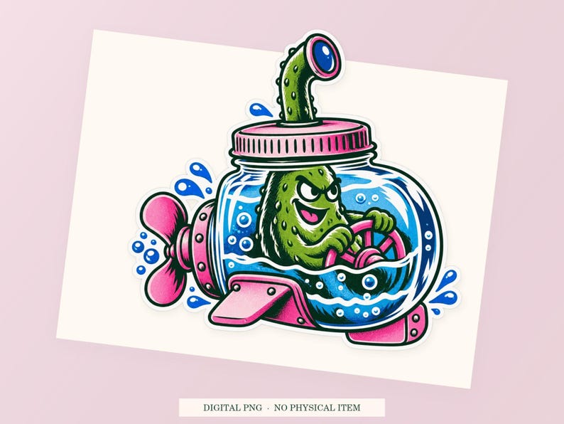 Pickle Jar Submarine close view showing the pink and green artwork and white outline.