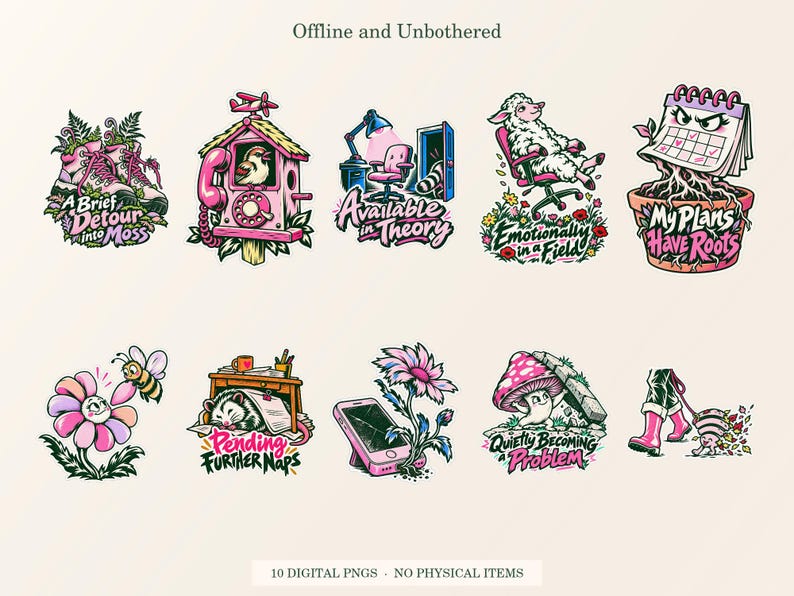 Offline and Unbothered overview showing all ten included transparent PNG designs.