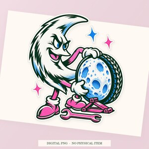Moon Spare Tire close view showing the pink and green artwork and white outline.