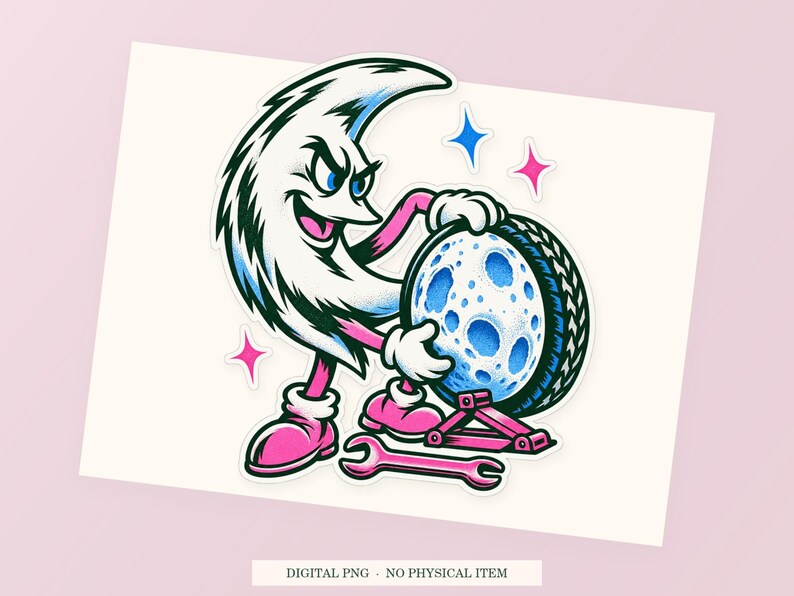 Moon Spare Tire close view showing the pink and green artwork and white outline.