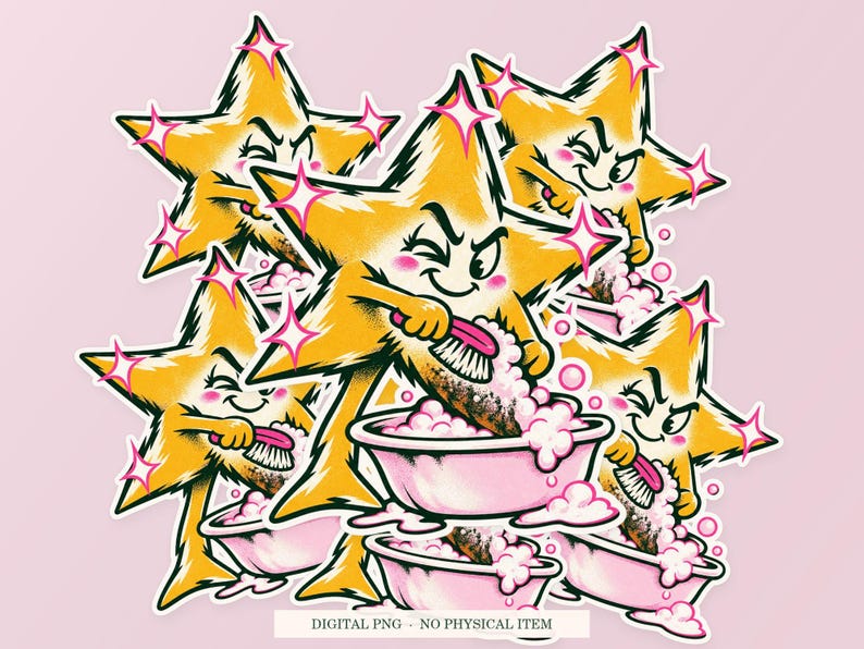 Star Laundering shown in a playful sticker cluster on powder pink. Digital mockup, no physical stickers included.