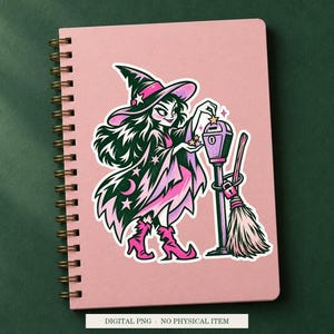 Witch Parking Meter artwork decorating a notebook as a white outlined sticker. Digital PNG project example; notebook and sticker are not included.