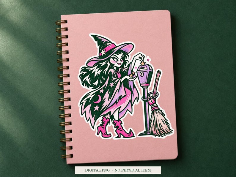 Witch Parking Meter artwork decorating a notebook as a white outlined sticker. Digital PNG project example; notebook and sticker are not included.