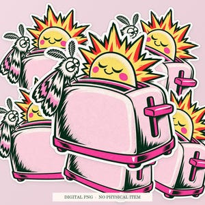 Toaster Sunrise shown in a playful sticker cluster on powder pink. Digital mockup, no physical stickers included.