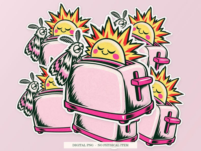 Toaster Sunrise shown in a playful sticker cluster on powder pink. Digital mockup, no physical stickers included.