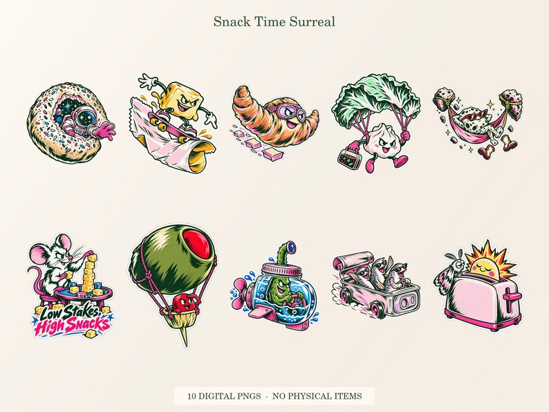 Snack Time Surreal overview showing all ten included transparent PNG designs.