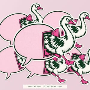 Goose Emergency Exit artwork shown as overlapping white outlined sticker cutouts on a pink background. Digital PNG mockup; physical stickers are not included.