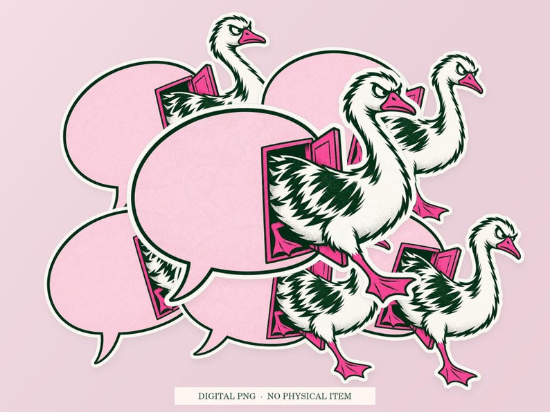 Goose Emergency Exit artwork shown as overlapping white outlined sticker cutouts on a pink background. Digital PNG mockup; physical stickers are not included.
