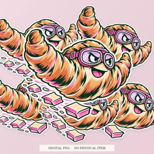 Croissant Aerodynamics shown in a playful sticker cluster on powder pink. Digital mockup, no physical stickers included.