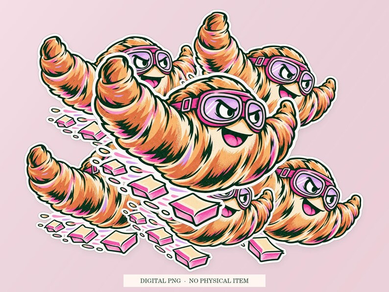 Croissant Aerodynamics shown in a playful sticker cluster on powder pink. Digital mockup, no physical stickers included.