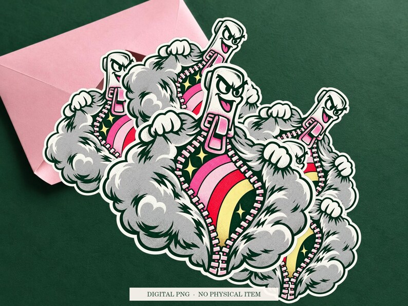 Rainbow Zipper displayed on an envelope with a green background. Digital mockup, no physical item included.