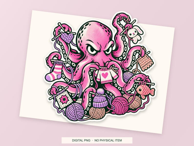 Lucky Somewhere Crochet Octopus Overtime digital PNG artwork shown in a styled preview. One design. Digital download only, no physical item.