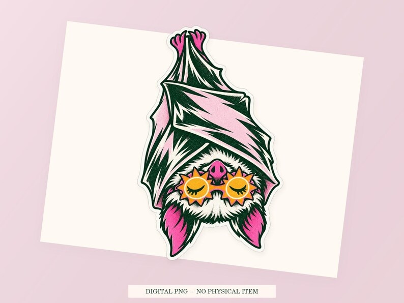 Close view of the pink and green Bat Sleep Mask illustration with its white outline on a styled background. One transparent PNG digital download.