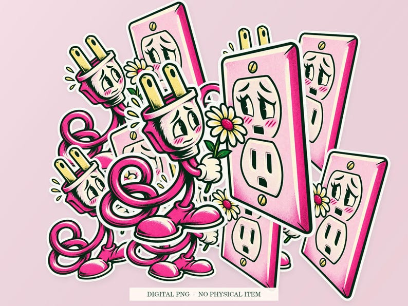 Plug Seeking Connection shown in a playful sticker cluster on powder pink. Digital mockup, no physical stickers included.