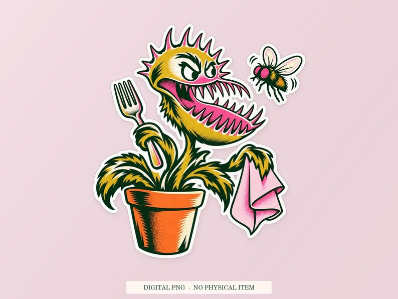 Venus Flytrap Table Manners PNG, Whimsical Clipart, Transparent Digital Download image 1