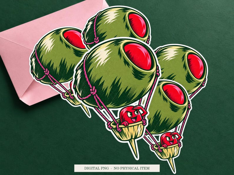 Olive Hot Air Balloon displayed on an envelope with a green background. Digital mockup, no physical item included.