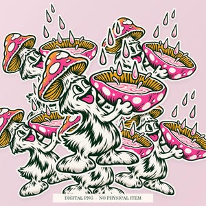 Mushroom Rain Gauge shown in a playful sticker cluster on powder pink. Digital mockup, no physical stickers included.
