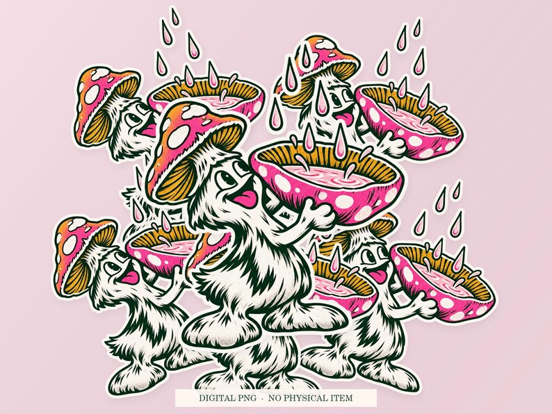 Mushroom Rain Gauge shown in a playful sticker cluster on powder pink. Digital mockup, no physical stickers included.