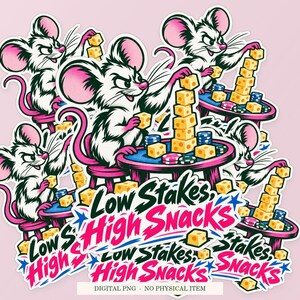 Low Stakes High Snacks shown in a playful sticker cluster on powder pink. Digital mockup, no physical stickers included.