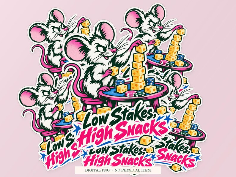 Low Stakes High Snacks shown in a playful sticker cluster on powder pink. Digital mockup, no physical stickers included.