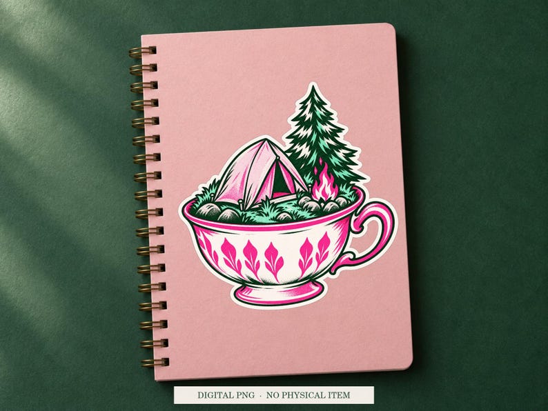 Tent Inside a Teacup displayed on a notebook. Digital mockup showing a creative use for the PNG.