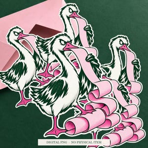 Goose Complaint Printer artwork shown as a sticker on a cream envelope against green. Digital PNG mockup; envelope and physical sticker are not included.