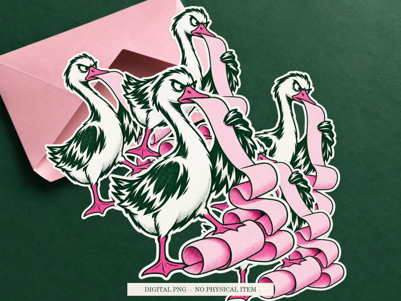 Goose Complaint Printer artwork shown as a sticker on a cream envelope against green. Digital PNG mockup; envelope and physical sticker are not included.
