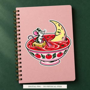 Soup Moon displayed on a notebook. Digital mockup showing a creative use for the PNG.