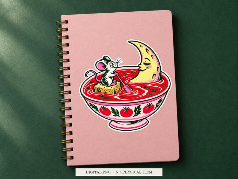 Soup Moon displayed on a notebook. Digital mockup showing a creative use for the PNG.