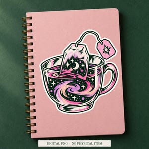 Night Sky Tea Bag displayed on a notebook. Digital mockup showing a creative use for the PNG.