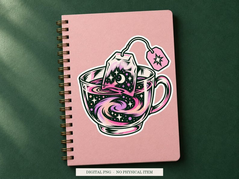 Night Sky Tea Bag displayed on a notebook. Digital mockup showing a creative use for the PNG.