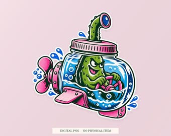 Sous-marin en bocal à cornichons (PNG), illustration fantaisiste, téléchargement numérique transparent