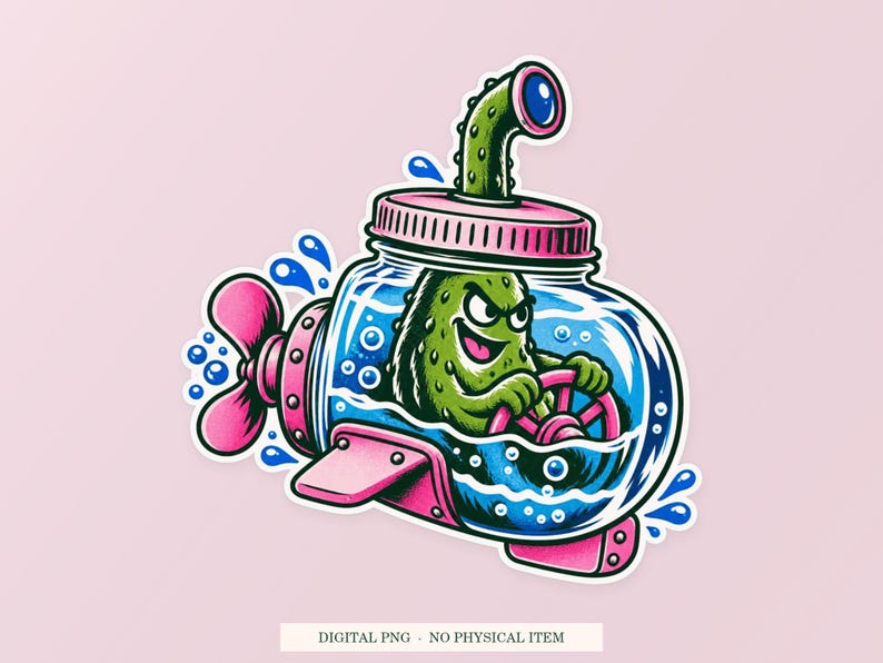 Sous-marin en bocal à cornichons (PNG), illustration fantaisiste, téléchargement numérique transparent image 1